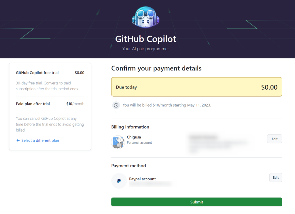 GitHub Copilot payment details