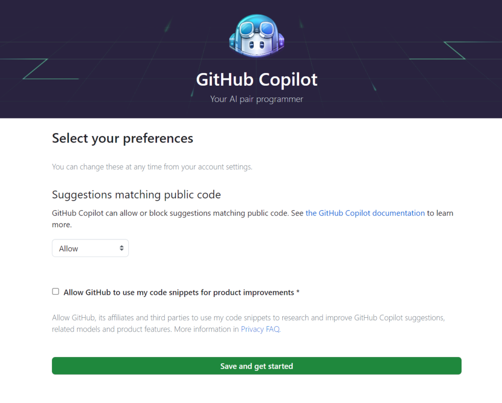 Allow GitHub to use my code snippets for product improvements