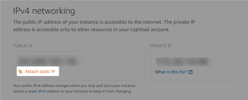 Lightsail IPv4 networking Attach static IP