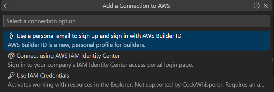 VS Code Use a personal email to sign up and sign in with AWS builder ID