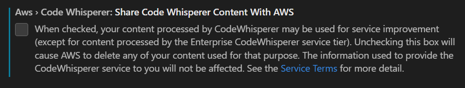 Amazon CodeWhisperer Share CodeWhisperer Content With AWS