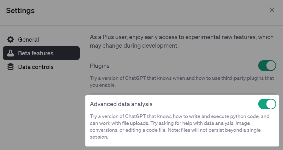 ChatGPT Settings Advanced data analysis